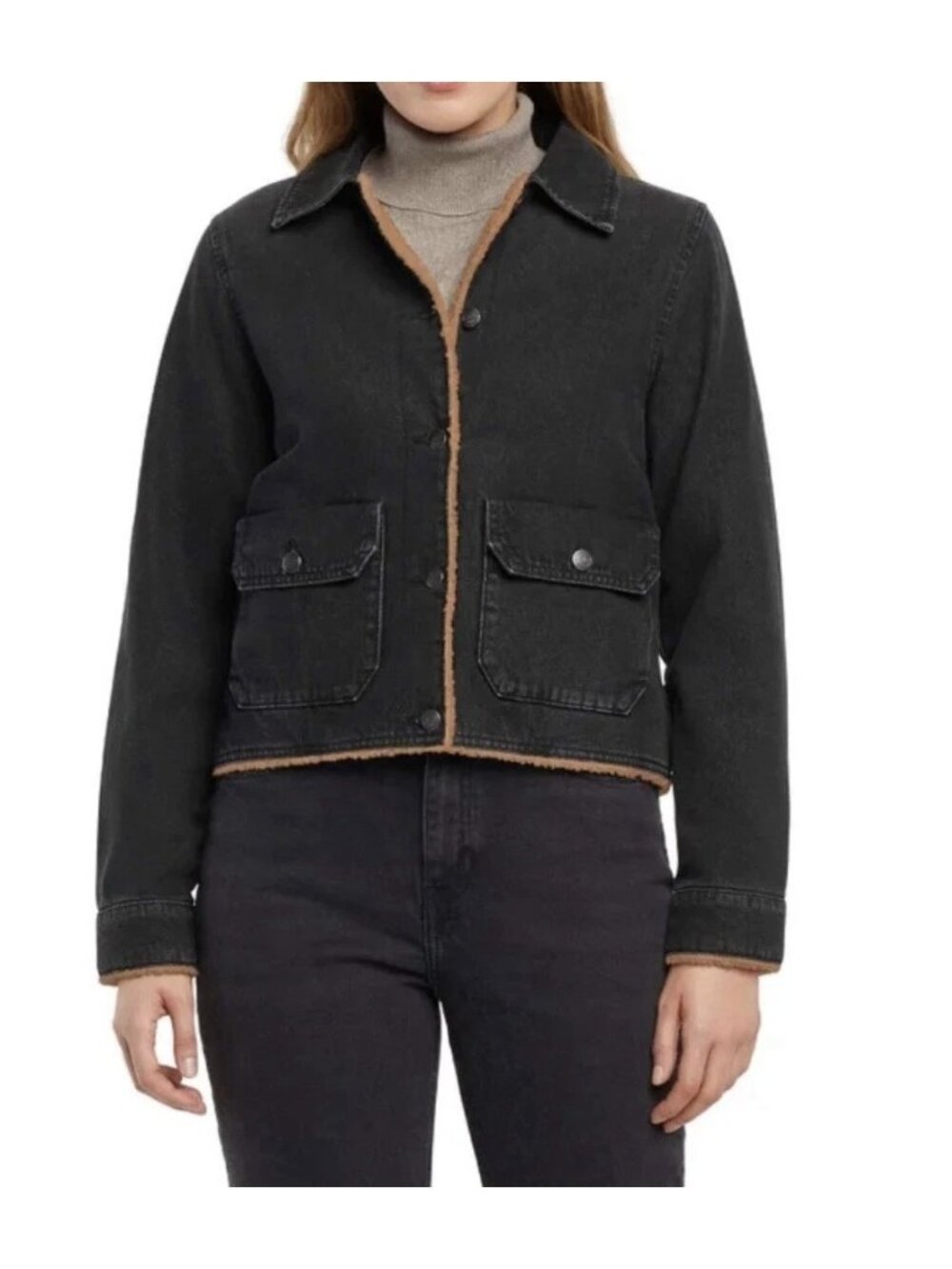 Woolrich Womens Black Sherpa-Lined Denim Jacket XXL Snap Closure Green